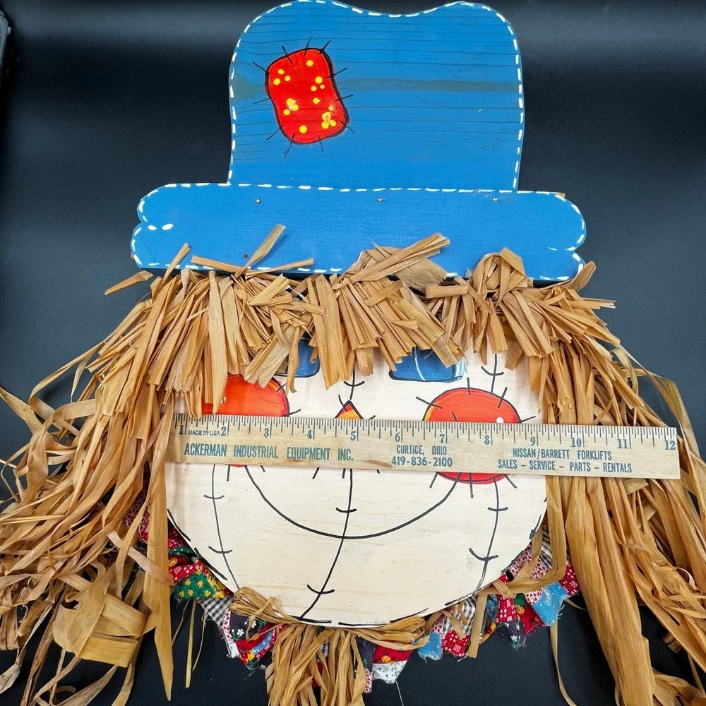 Handmade Wooden Scarecrow Wall Hanging Fall Harvest Decor Raffia 10.5x15.5